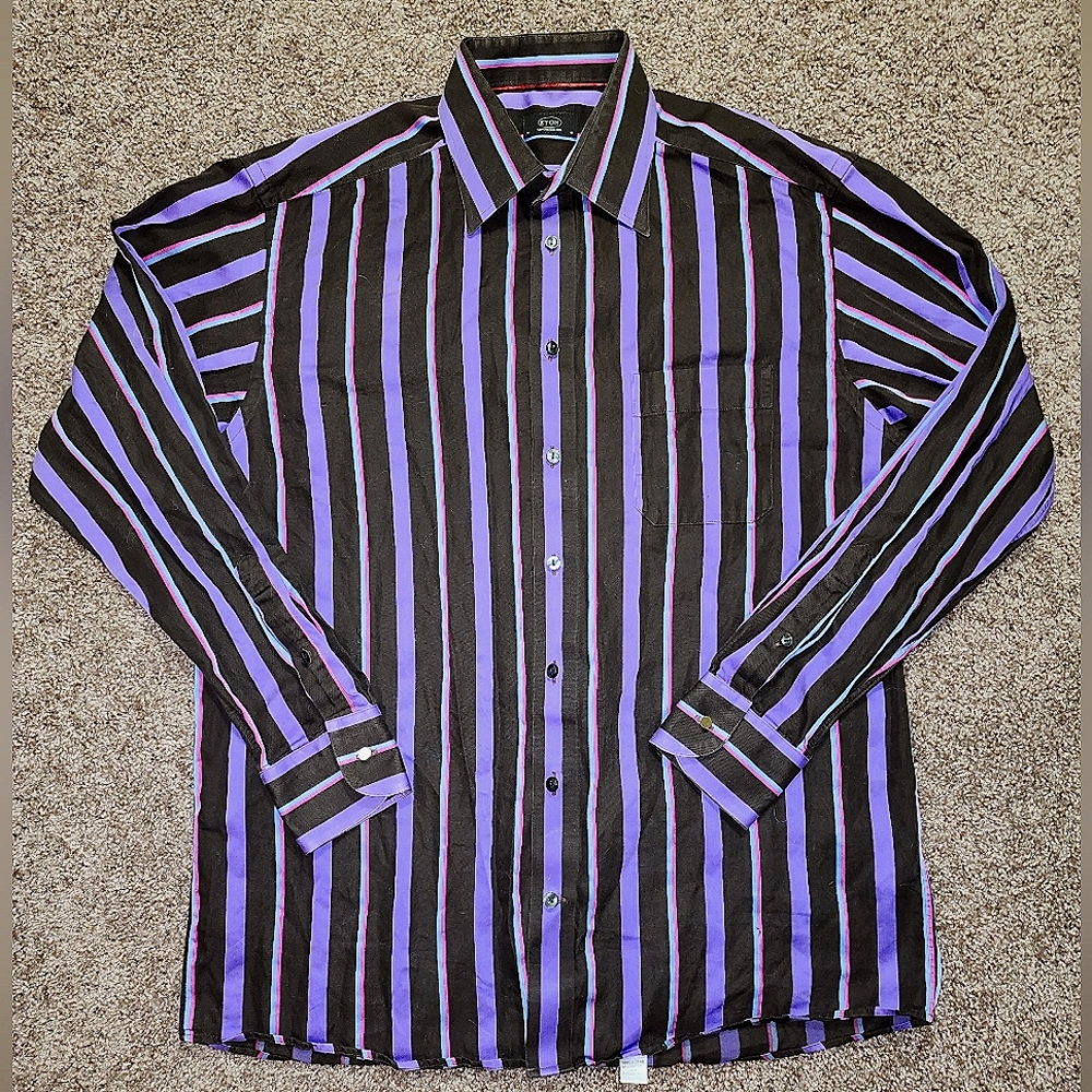 Eton Puprple Brown Stripe Button Down Men's Collared Shirt